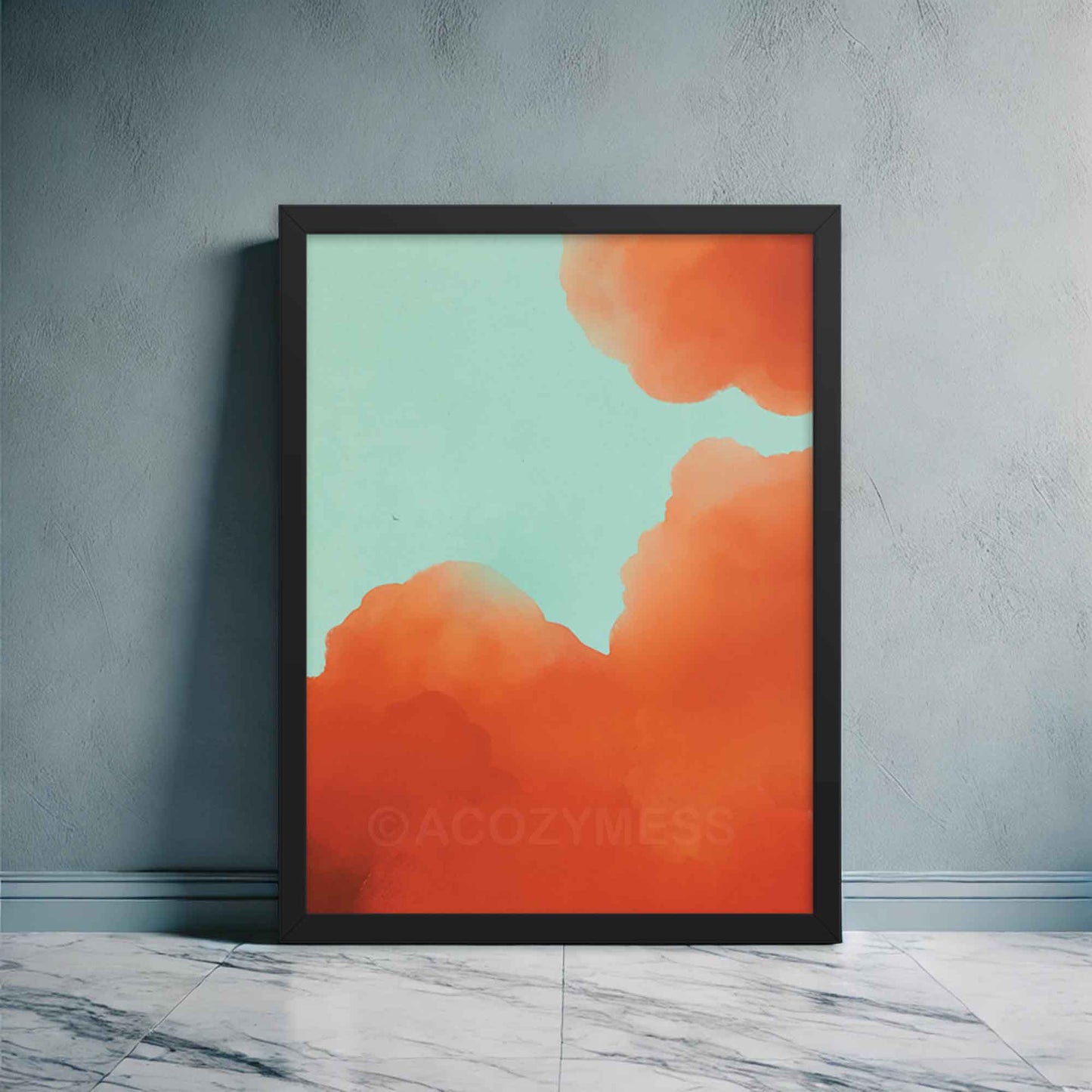 Illustrated art poster featuring vibrant orange-hued clouds against a serene blue sky framed in black .