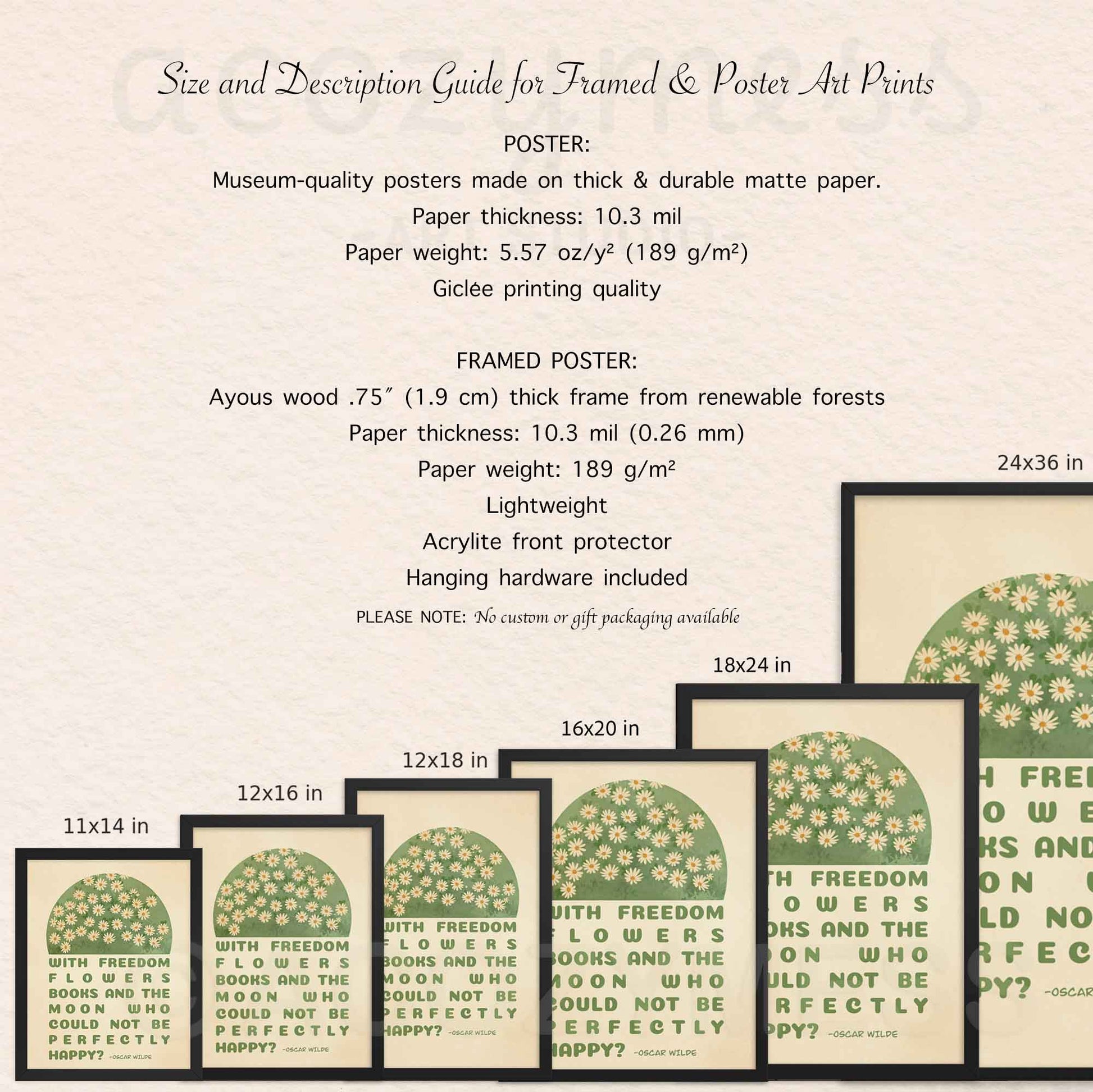 11x14, 12x16, 12x18, 16x20, 18x24, 20x30 framed and unframed poster options description guide for oscar wilde on books 