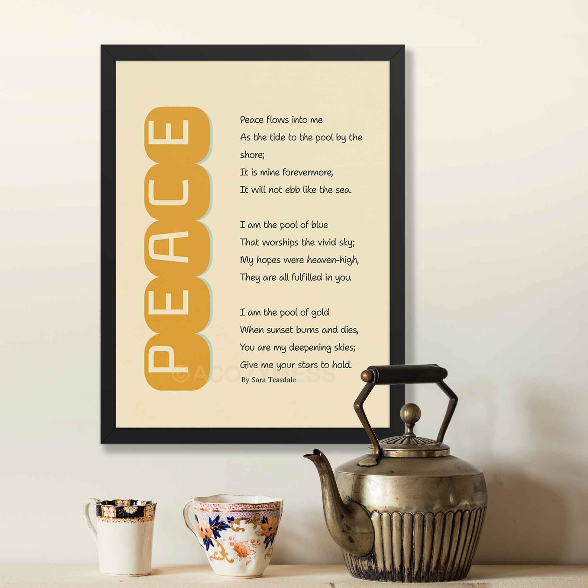 Sara Teasdale’s poem Peace poster in minimalist style in yellow and beige, in black frame.