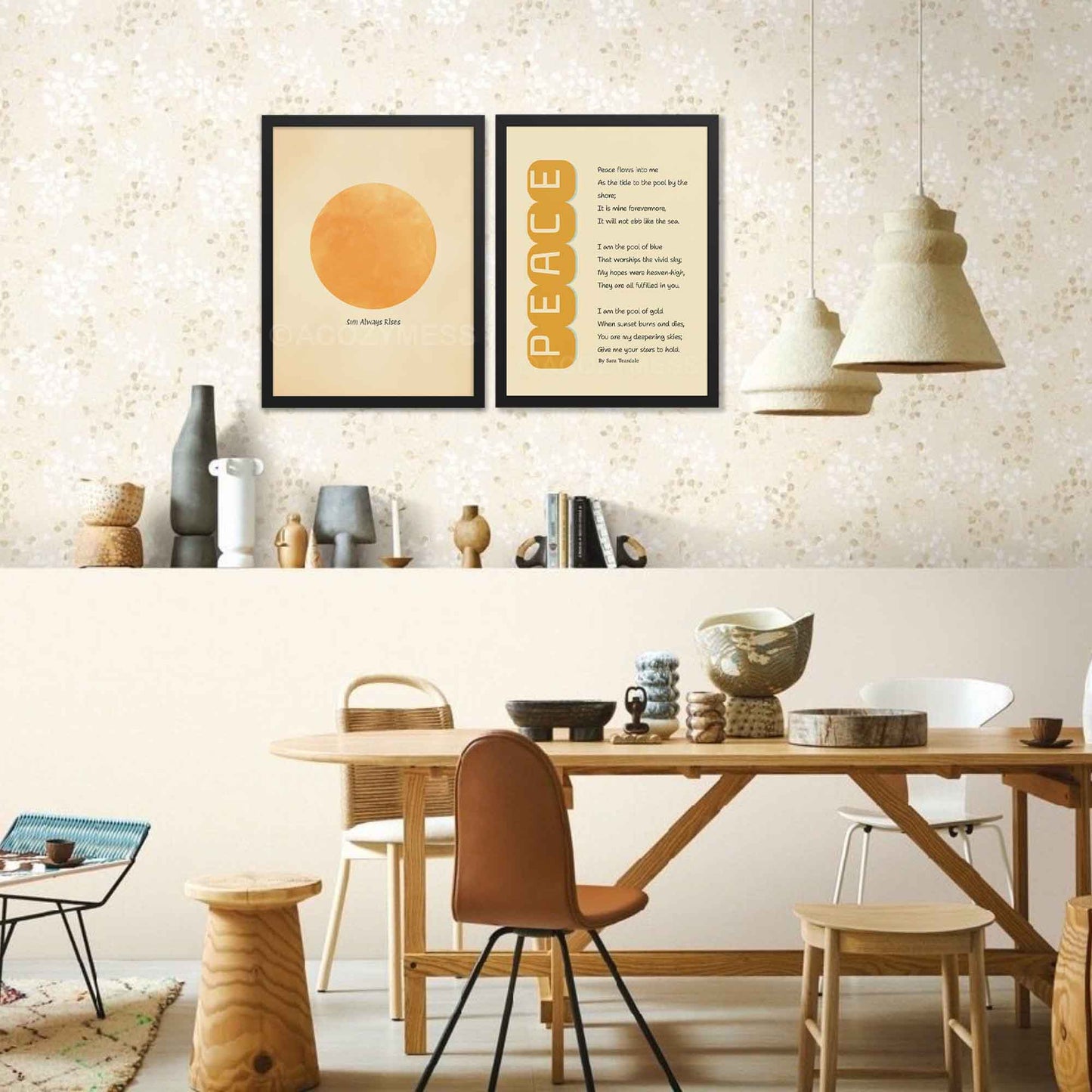 Sara Teasdale’s poem Peace print in minimalist style in yellow and beige, in black frame on a gallery wall