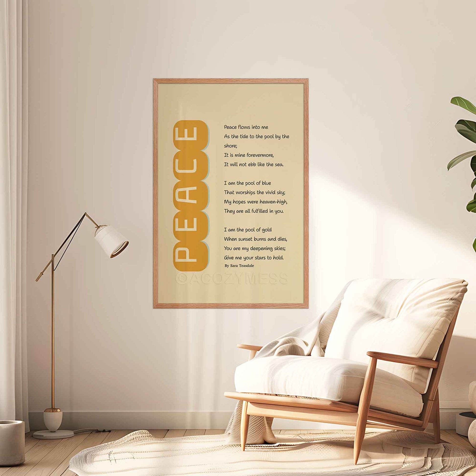 Sara Teasdale’s poem Peace print in minimalist style in yellow and beige, in oakwood frame.