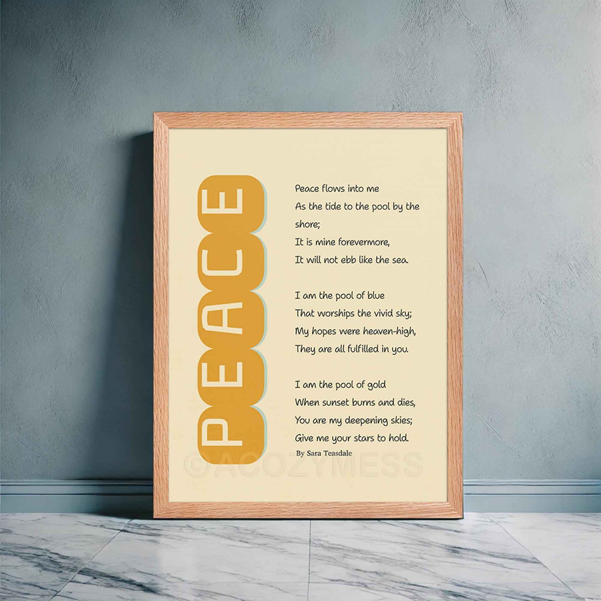 Sara Teasdale’s romantic poem Peace print in minimalist style in yellow and beige, in oakwood frame.