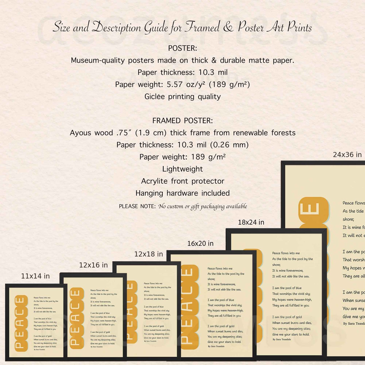 11x14, 12x16, 12x18, 16x20, 18x24, 20x30 framed and unframed poster options description guide