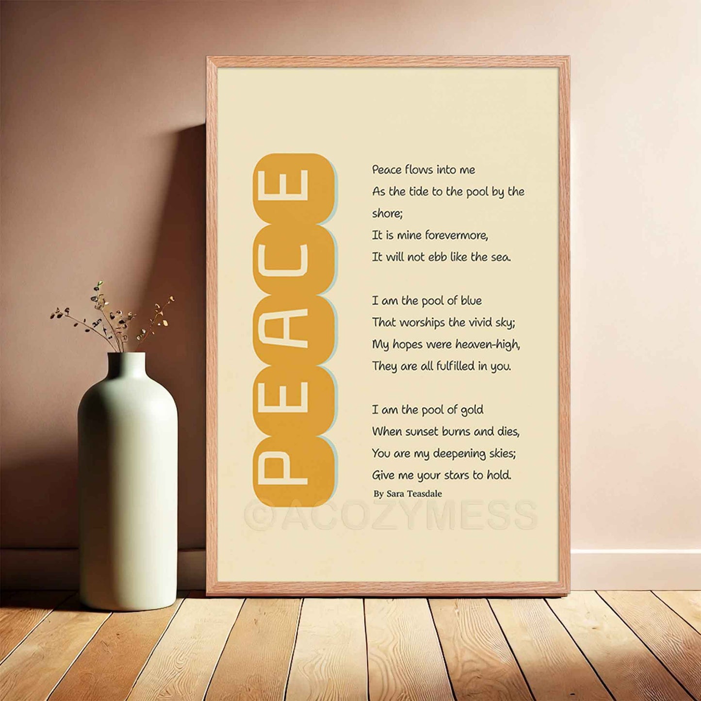 Sara Teasdale’s romantic poem Peace print in minimalist style in yellow and beige color, in oakwood frame.