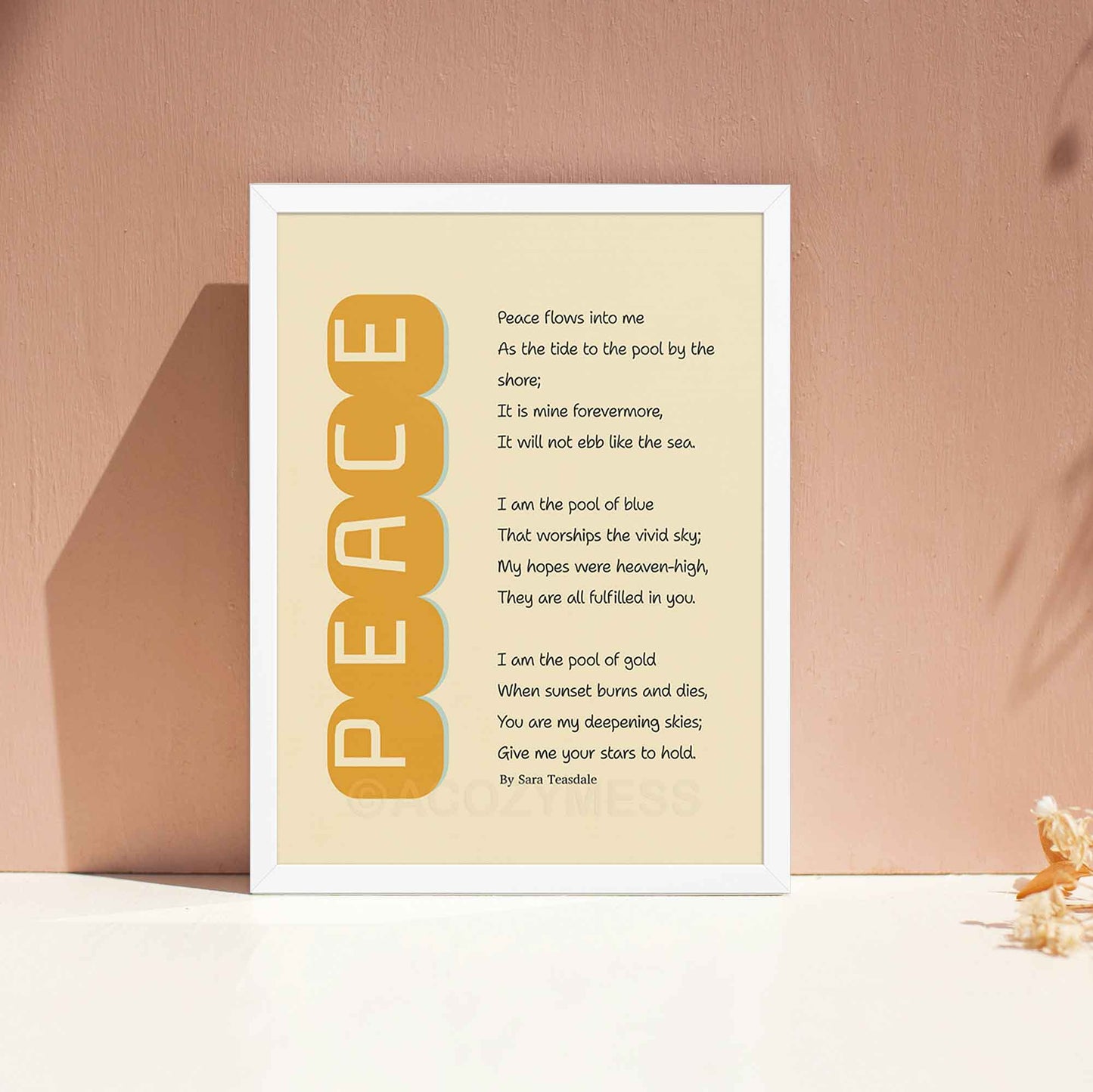 Sara Teasdale’s poem Peace print in minimalist style in yellow and beige, in white frame.