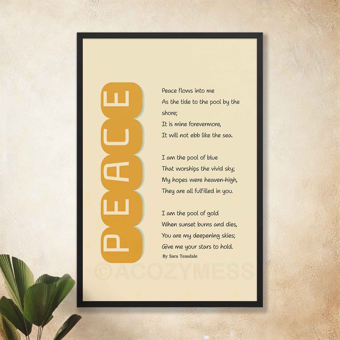 Sara Teasdale’s poem Peace print in minimalist style in yellow and beige, in black frame.