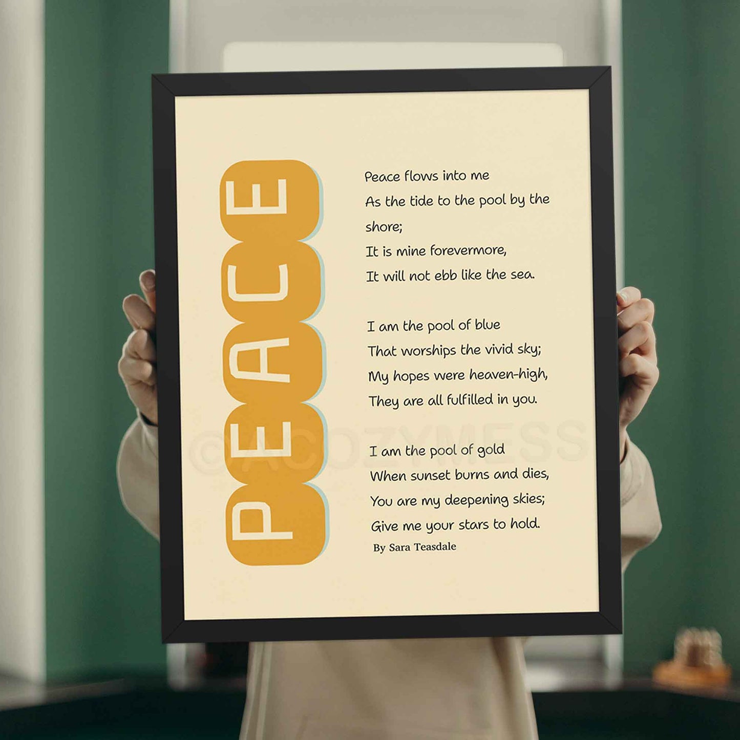 Sara Teasdale’s romantic poem Peace print in minimalist style in yellow and beige, in black frame.