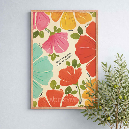 Oakwood framed peace quote floral artwork with colorful flowers on a light gray wall.