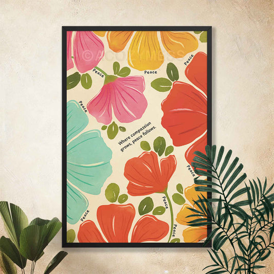 Colorful floral patterned poster with Peace  quote on a beige wall.