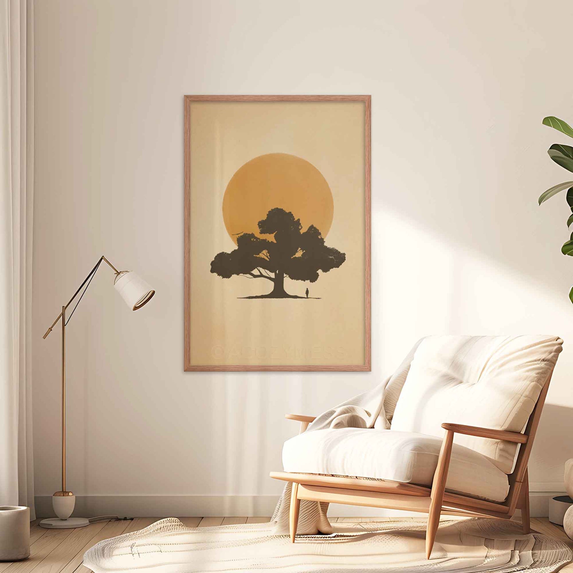 Calming zen wall art of a sun, displayed in oakwood frame.