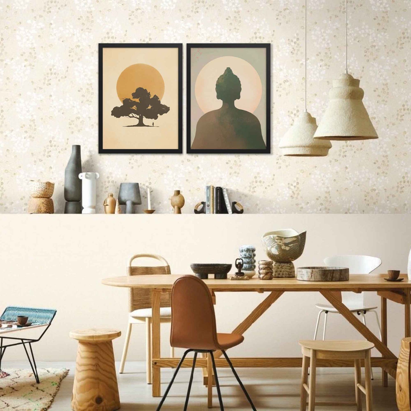 Calming home decor with sun and tree art poster and buddha art, in black frame