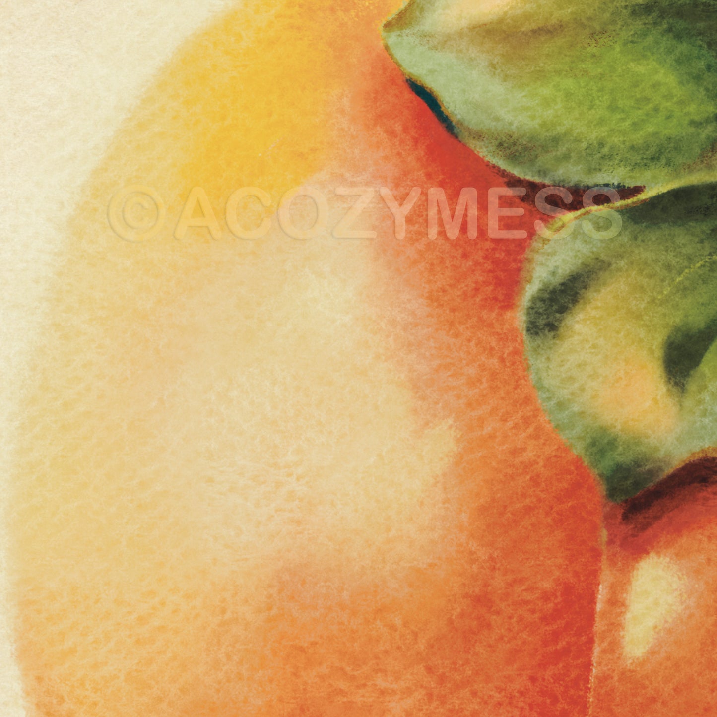 Close-up of a painting of a persimmon fruit with a green leaf on a beige background.