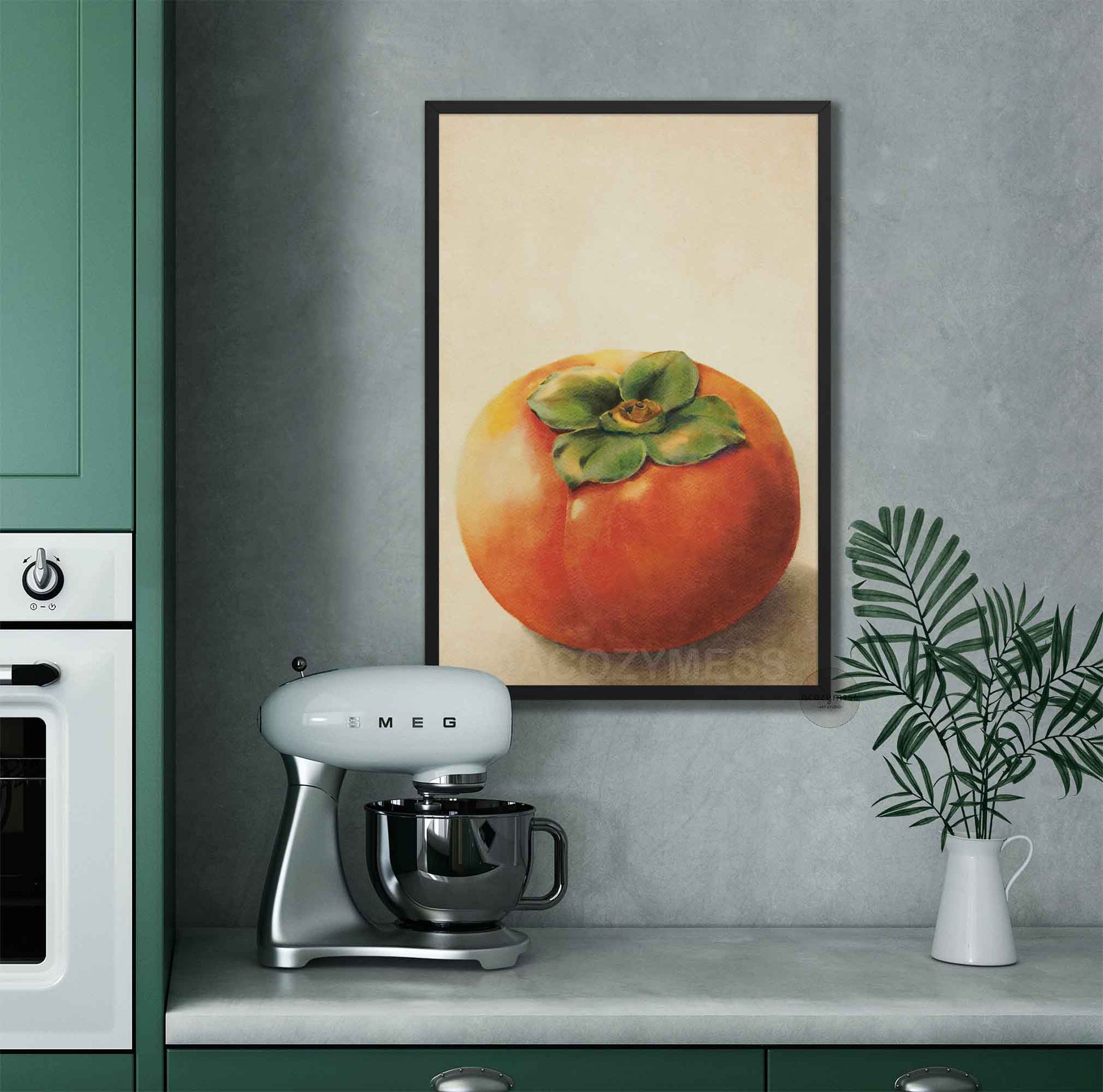 Persimmon poster in a black frame, orange fruit with green leaves centered on soft beige background.