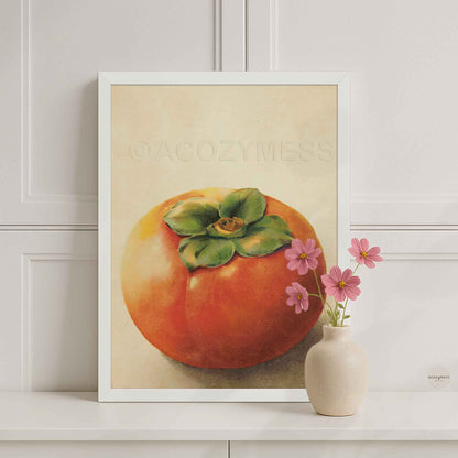 Persimmon fruit print in a white frame, minimalist still life on beige background for bright kitchen decor.