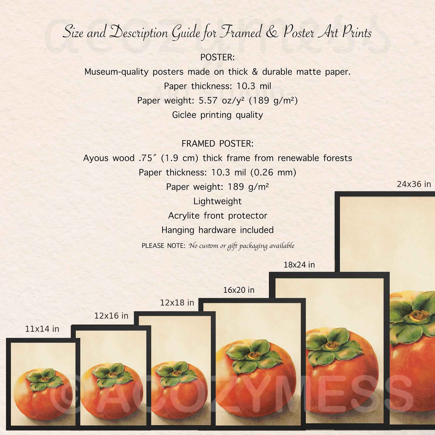 Size and description guide for framed and poster art prints with persimmon illustrations.