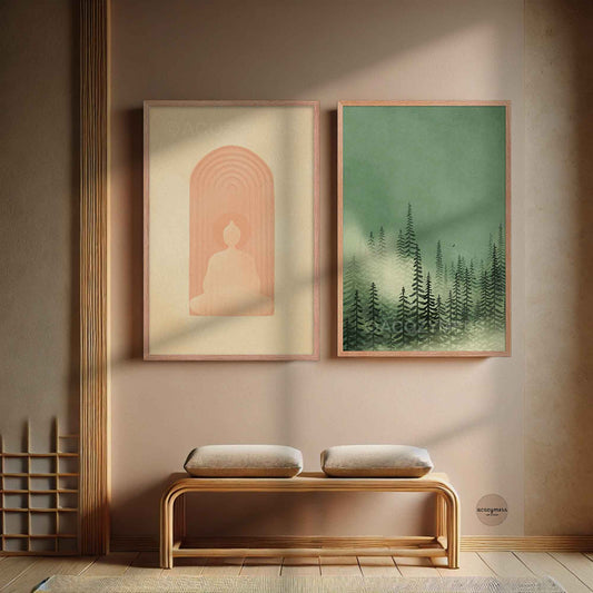 Green woodland landscape poster with foggy pine trees in solid oakwood frame