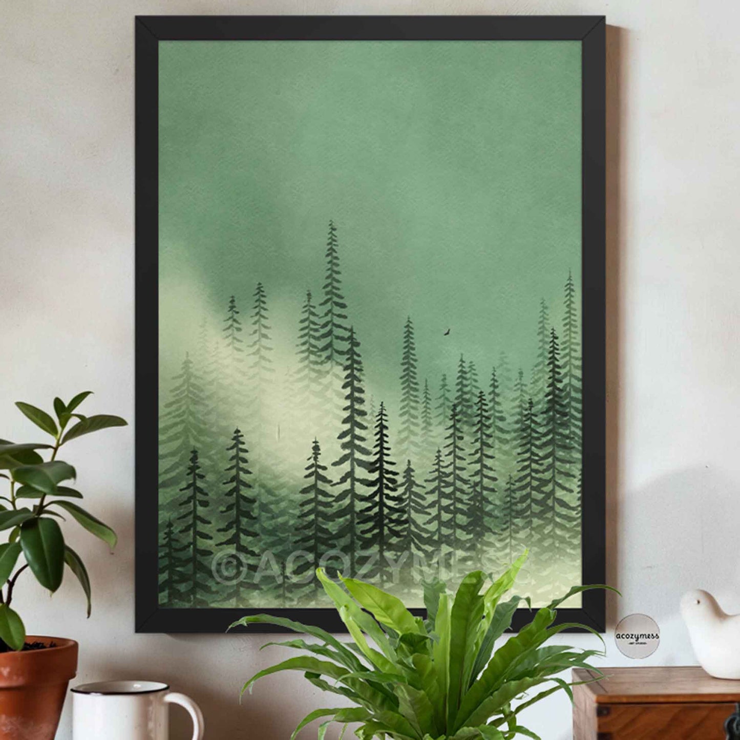 Moody green fog forest poster framed in black wood for modern interior