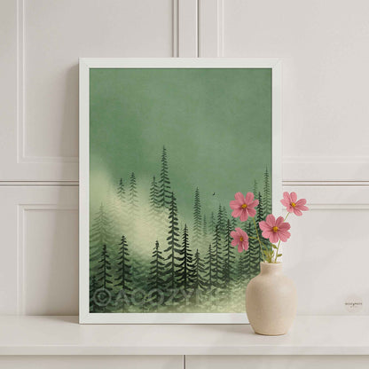 Foggy woodland pine tree poster framed in white wood, Scandinavian decor