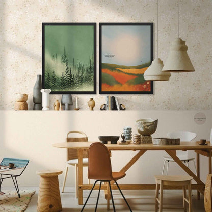 Moody green fog forest poster framed in black wood for modern interior