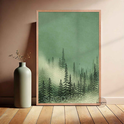 Misty pine forest wall art in green tones displayed in natural oakwood frame against neutral wall