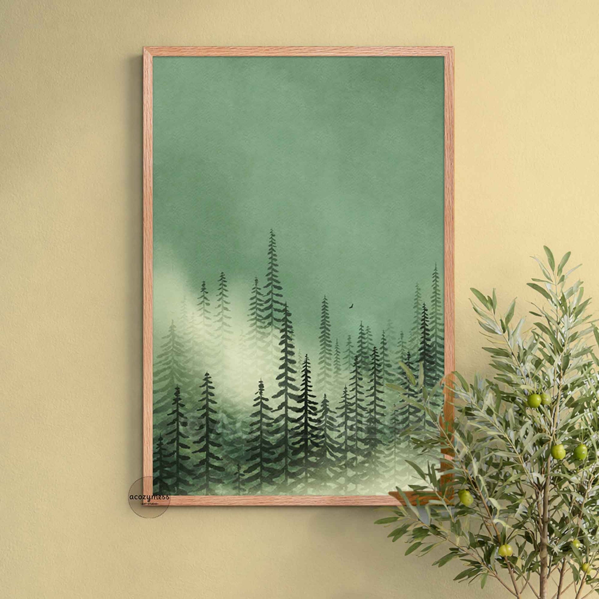 Green woodland landscape poster with foggy pine trees in solid oakwood frame