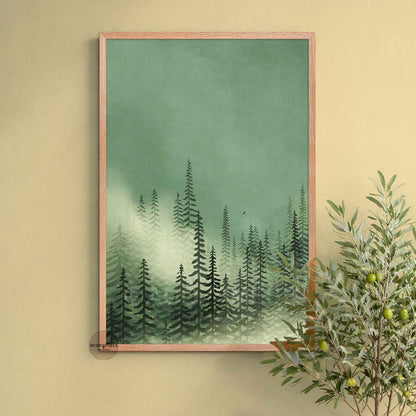 Green woodland landscape poster with foggy pine trees in solid oakwood frame