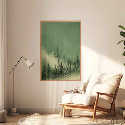 Pine tree mist forest art print framed in warm oakwood, zen home decor setting