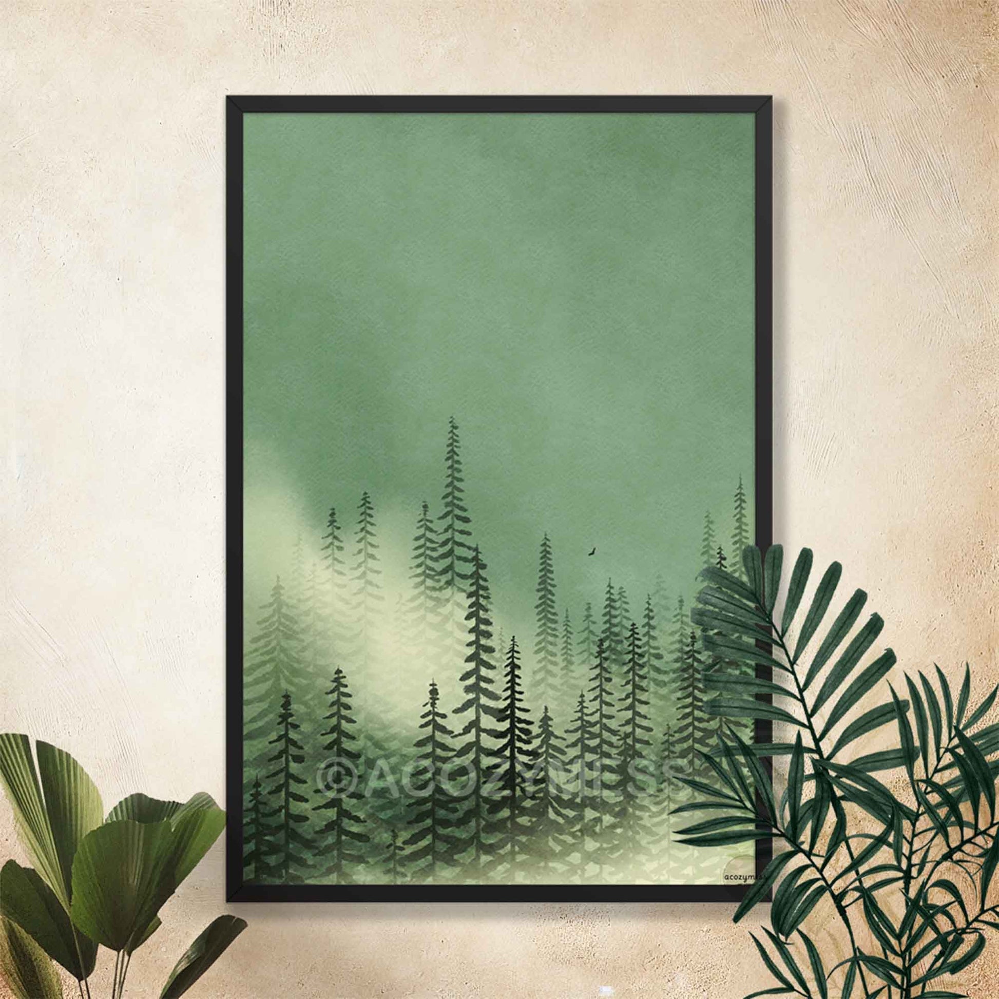 Pine tree mist landscape print in black frame, minimalist contemporary decor