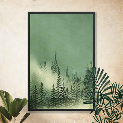 Pine tree mist landscape print in black frame, minimalist contemporary decor