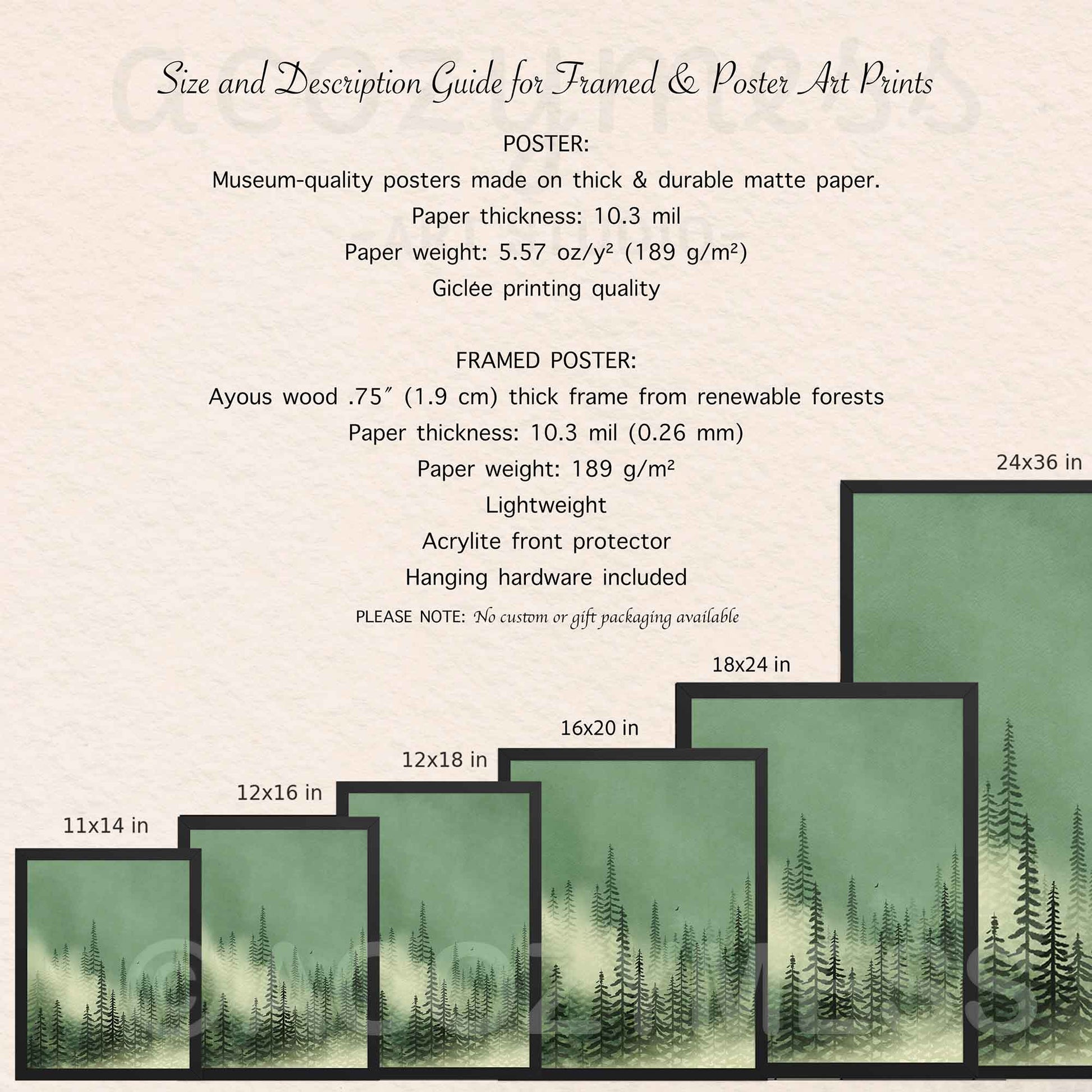 Size and description guide for framed and poster art prints with forest-themed design.