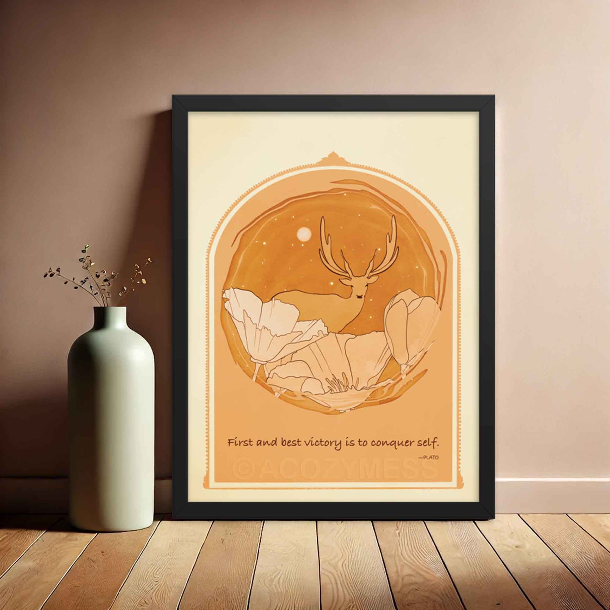 Art print featuring Plato quote, The first and best victory is to conquer self; with an illustration of a deer among flowers, done in yellow, orange and brown, framed in black