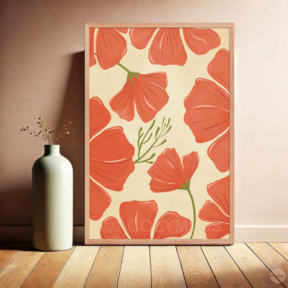 Red poppies wall art in red,  green on beige background, in oakwood frame.