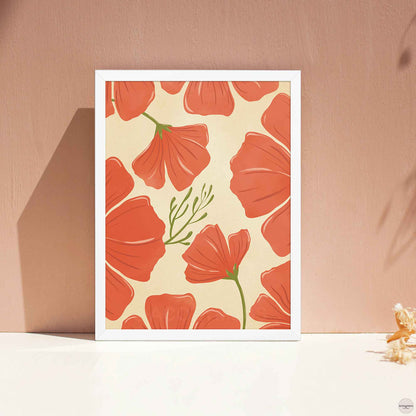 Red poppies wall art in red,  green on beige background, in white frame.