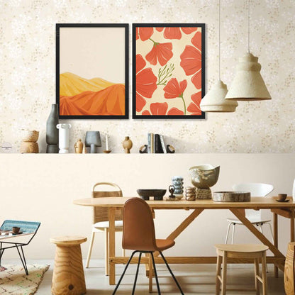 Red poppies wall art in red,  green on beige background, in black frame for living room decor