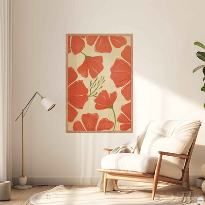 Red poppies wall art in red,  green on beige background, in oakwood frame for cozy room decor