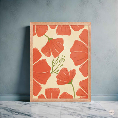 Red poppy wall art in red,  green on beige background, in oakwood frame.
