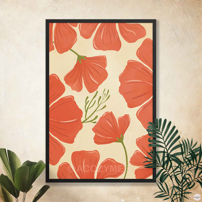 Red poppy wall art in red,  green on beige background, in black frame.