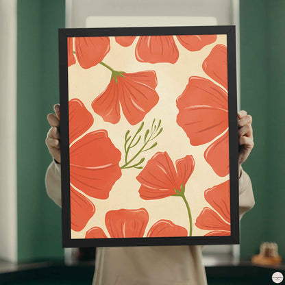 Red poppy wall art in red,  green on beige background, in black frame for natureinspired wall art.
