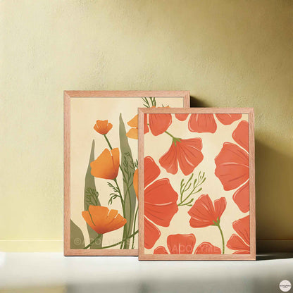 california poppy wall art on beige background, in oakwood frame.