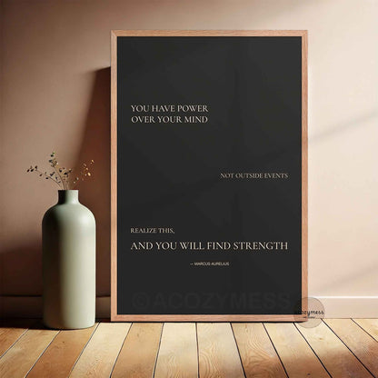 Oakwood Framed motivational poster with Marcus  Aurelius quote on dark background.