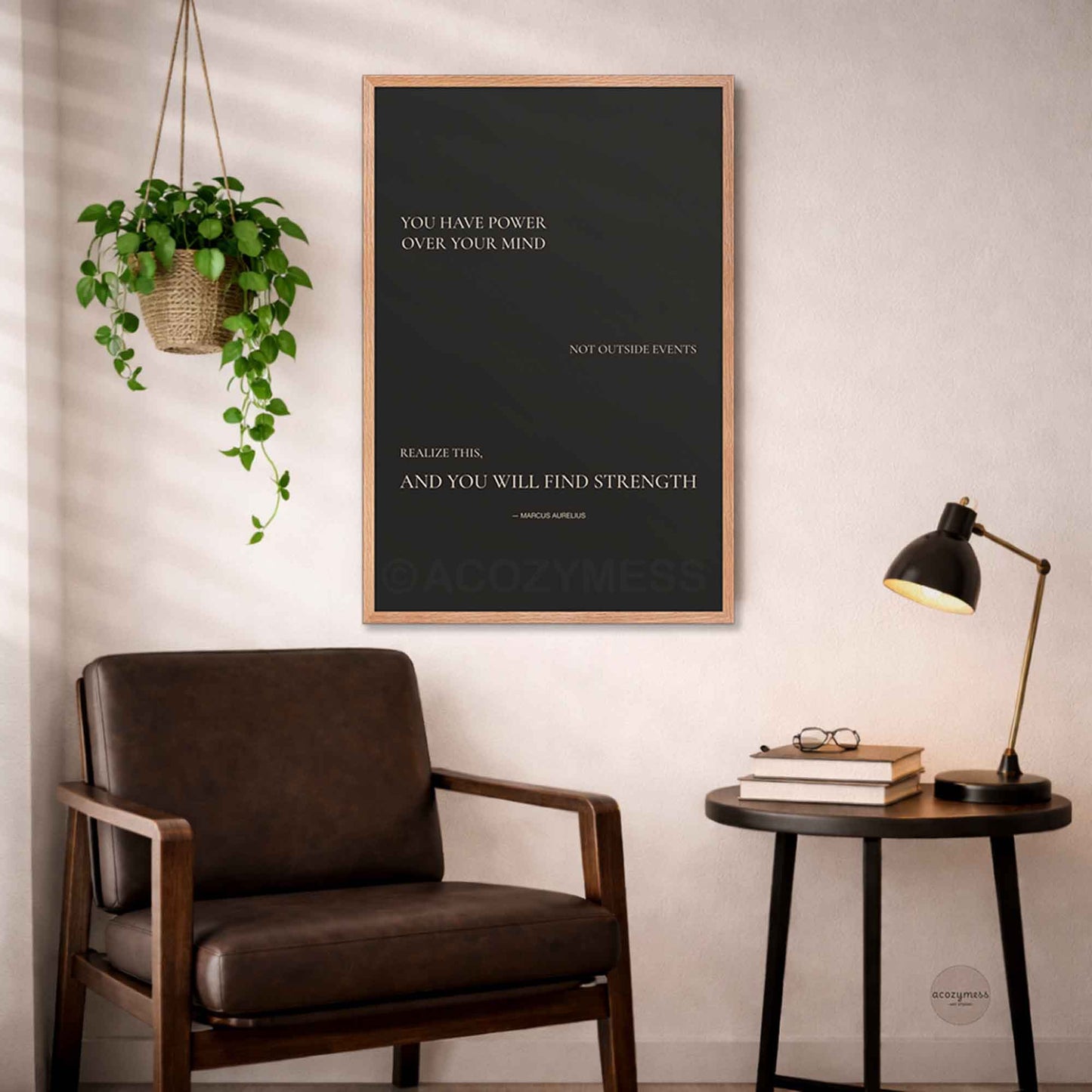 Oakwood Framed motivational poster Minimalist design with Marcus  Aurelius quote on dark background.
