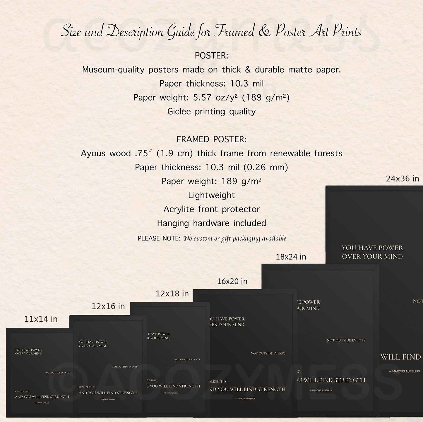 Size and description guide for framed and poster art prints with product display.