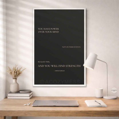 White Framed motivational poster Minimalist design with Marcus  Aurelius quote on dark background.