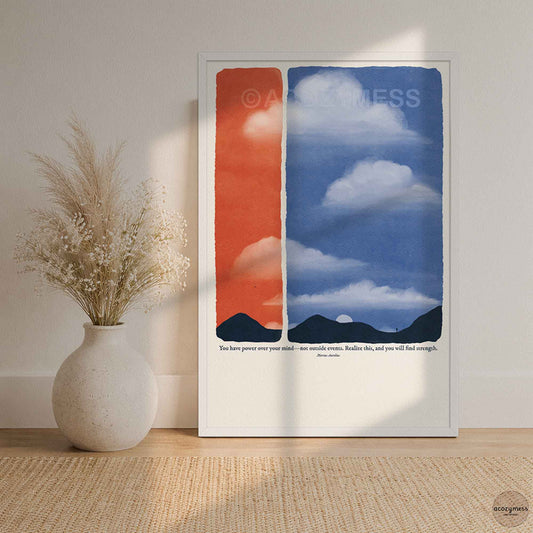 White Framed artwork with red and blue abstract design with marcus aurelius quote.