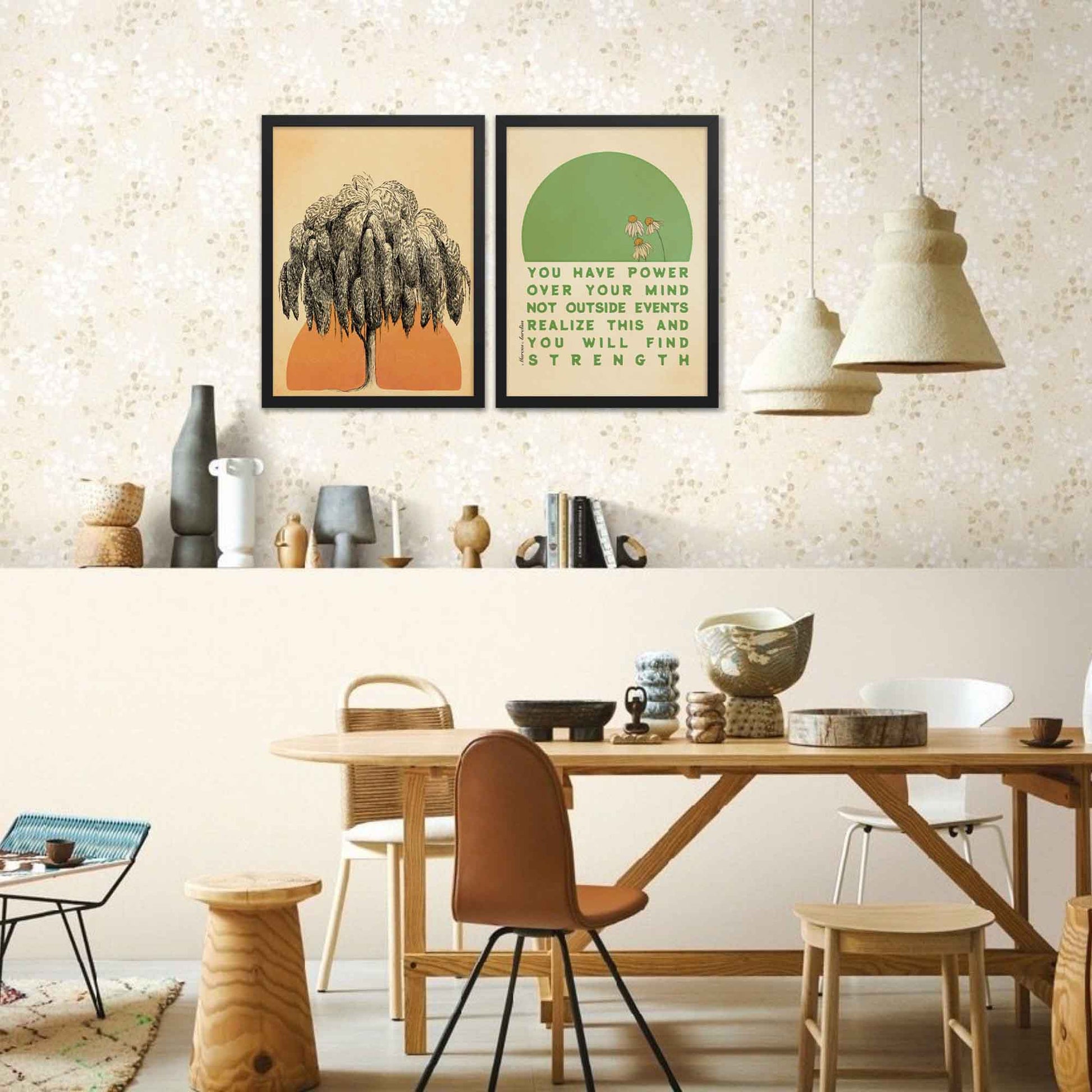 Stoic-inspired poster featuring Marcus Aurelius quote, You have power over your mind not outside events. Realize this, and you will find strength, with a green and beige floral design, displayed in a black frame on a gallery art wall