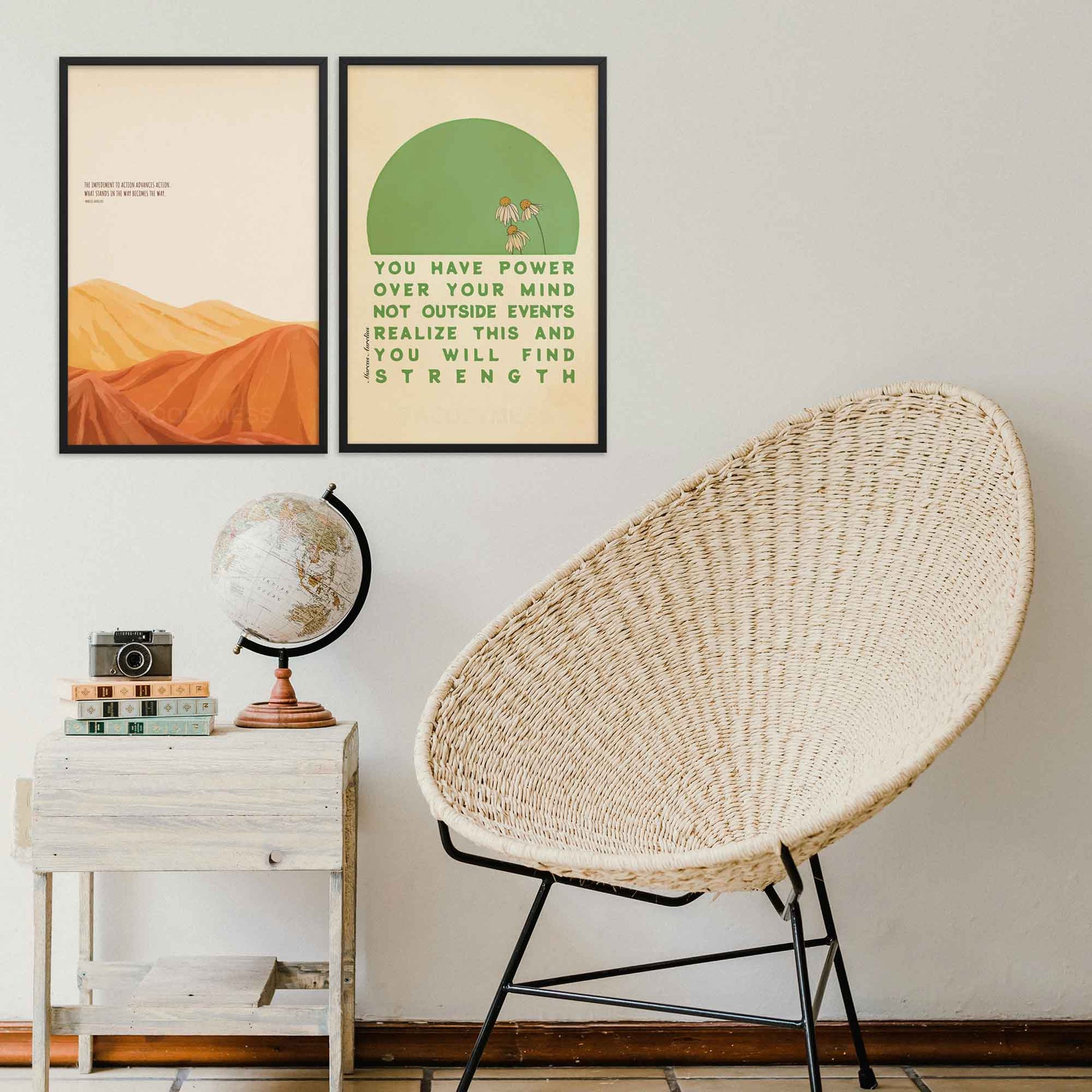 Stoic-inspired poster featuring Marcus Aurelius quote, You have power over your mind not outside events. Realize this, and you will find strength, with a green and beige floral design, displayed in a black frame.