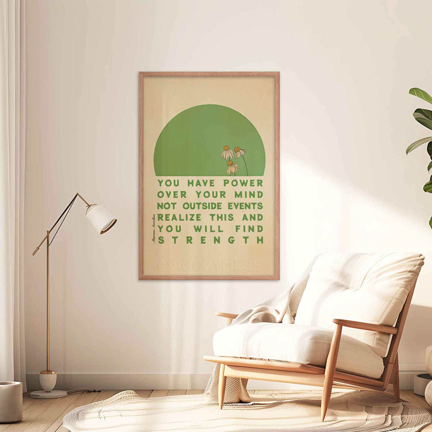 Stoicism wall art featuring Marcus Aurelius quote, You have power over your mind not outside events. Realize this, and you will find strength, with a green and beige floral design, displayed in a oakwood frame.