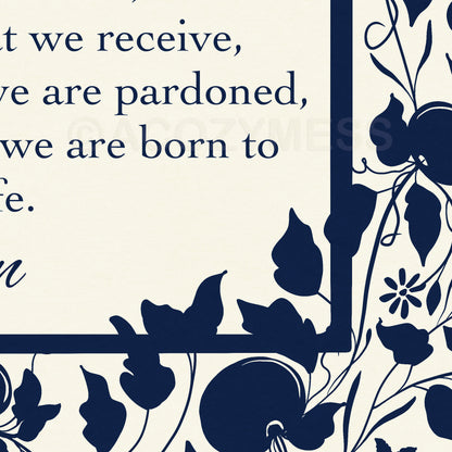 Close-up of the Prayer of St. Francis poster with dark blue floral design on  light beige background, highlighting print detail and texture.