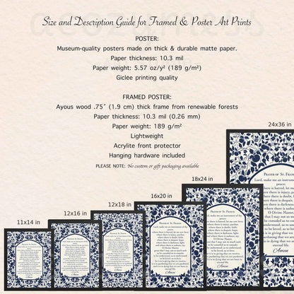 Overview of available sizes and specifications for the Prayer of St. Francis wall art, shown alongside frame and layout options.
