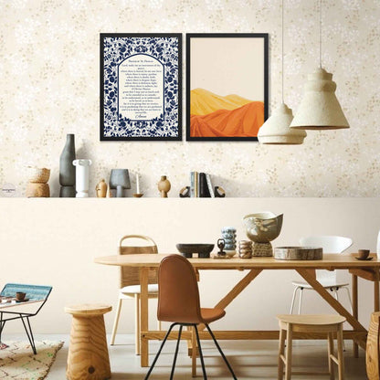 Prayer of St. Francis wall art displayed in a sleek black frame, featuring a floral design in dark blue on  light beige background christian wall art